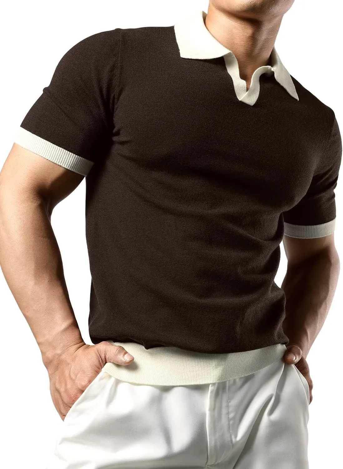 JOGAL Mens Knit Polo Shirts Vintage Short Sleeve Sweater Polo Muscle Slim Fit Golf Shirts
