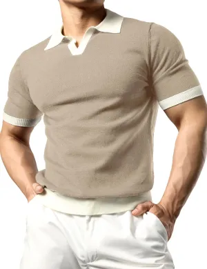 JOGAL Mens Knit Polo Shirts Vintage Short Sleeve Sweater Polo Muscle Slim Fit Golf Shirts