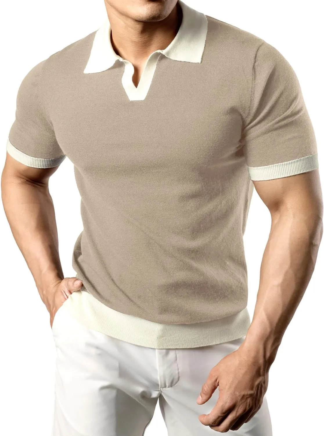JOGAL Mens Knit Polo Shirts Vintage Short Sleeve Sweater Polo Muscle Slim Fit Golf Shirts