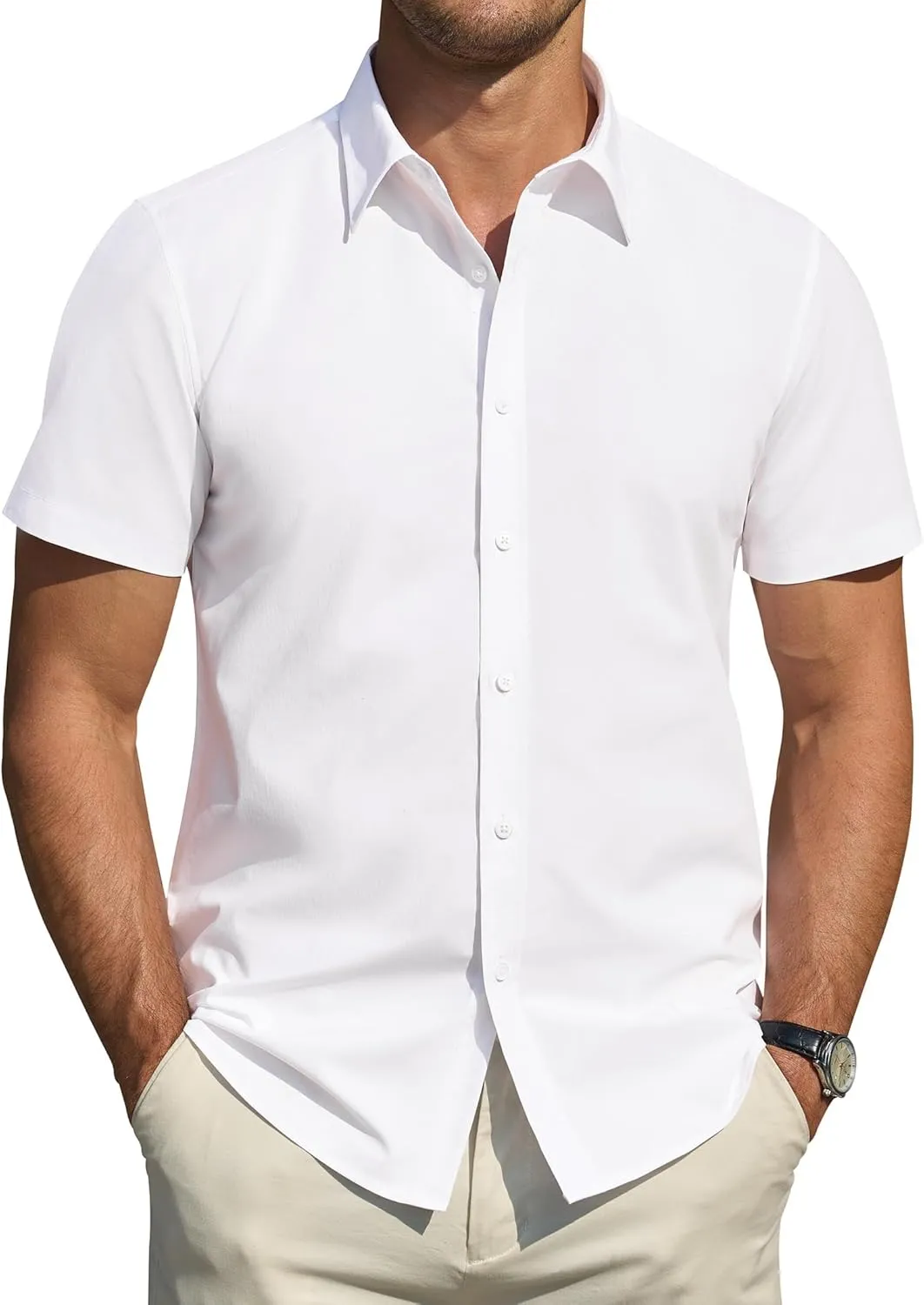 J.VER Men's Short Sleeve Dress Shirts Stretch Stain Shield Casual Button Down Shirts Solid Formal Shirt