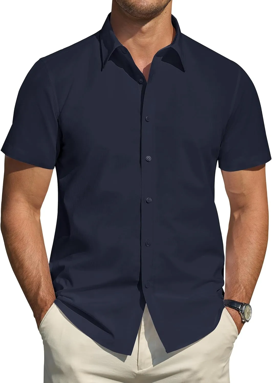 J.VER Men's Short Sleeve Dress Shirts Stretch Stain Shield Casual Button Down Shirts Solid Formal Shirt