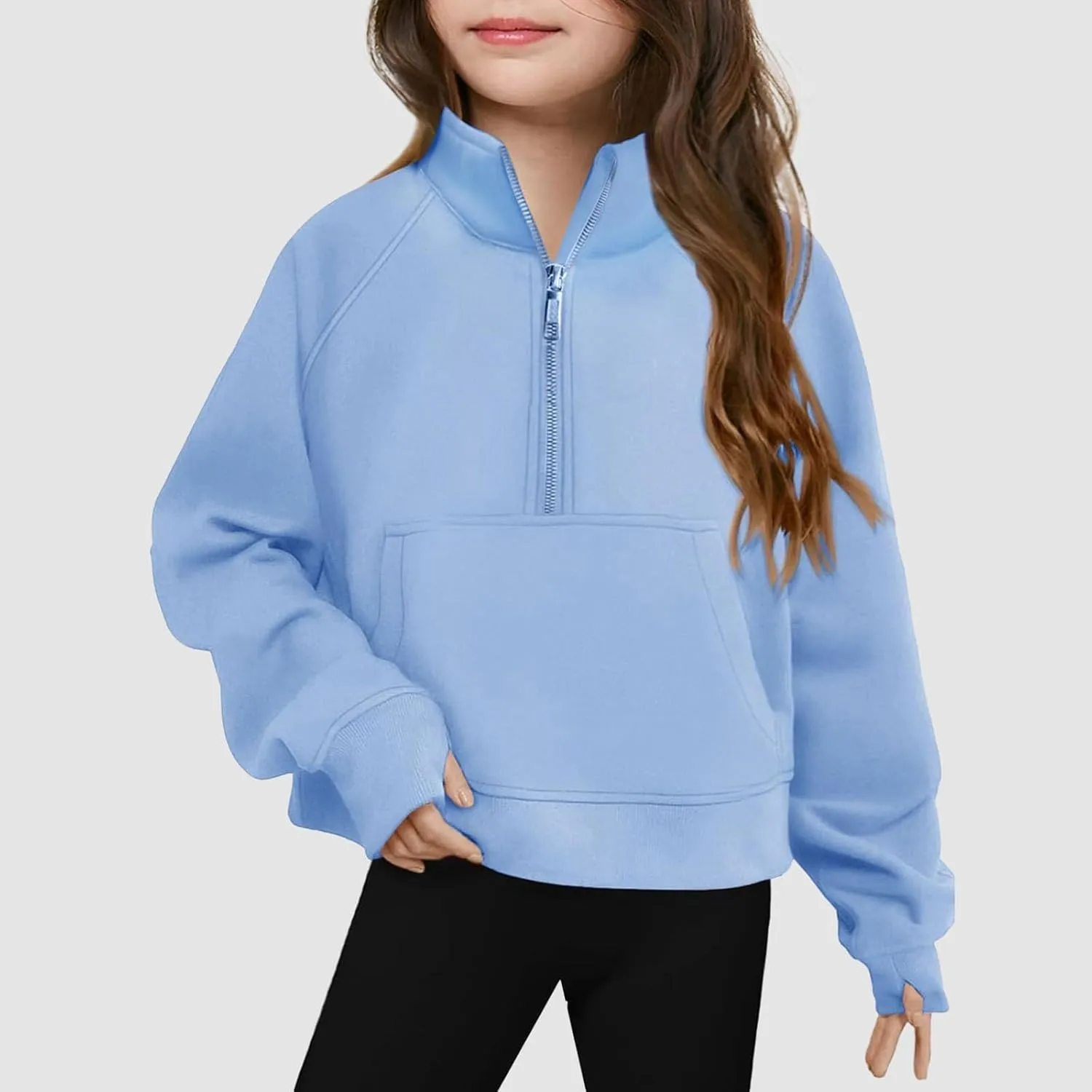 Kids Half Zipper Collar Sweatshirt Baby Girls Long Sleeve Fleece Cropped Hoodies Pullover Fall Winter Tops