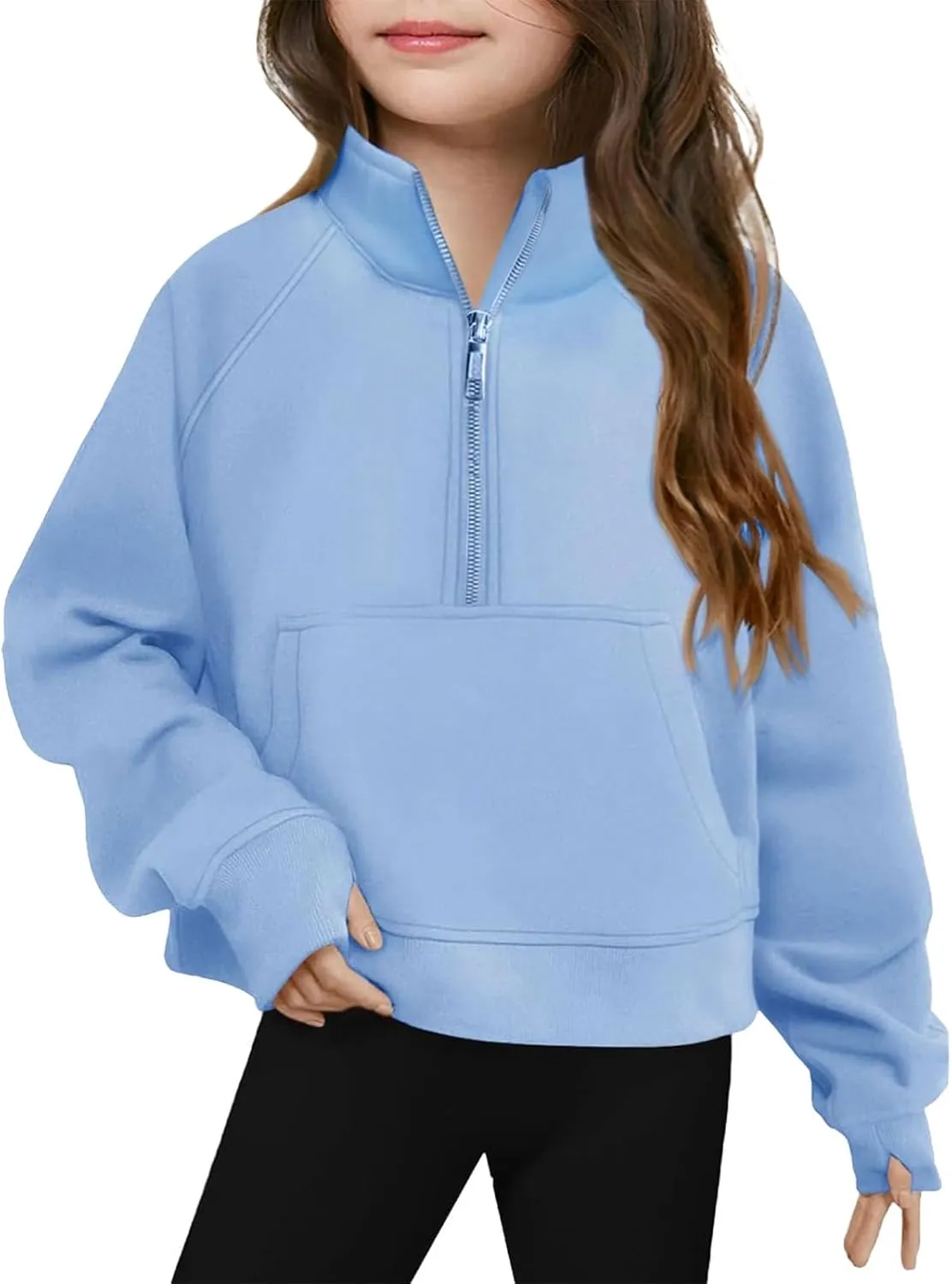 Kids Half Zipper Collar Sweatshirt Baby Girls Long Sleeve Fleece Cropped Hoodies Pullover Fall Winter Tops
