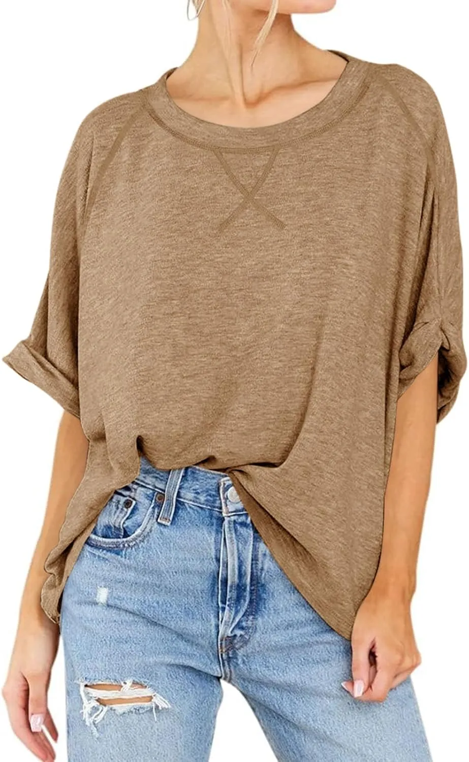 Langwyqu Oversized Tshirts Summer Short Sleeve Shirts Casual Loose Fit Basic Tees