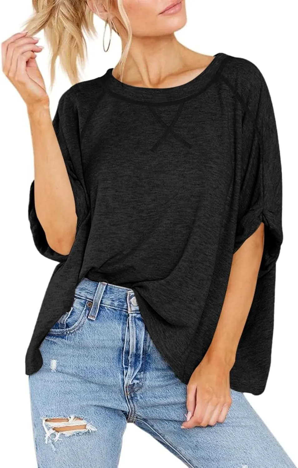 Langwyqu Oversized Tshirts Summer Short Sleeve Shirts Casual Loose Fit Basic Tees