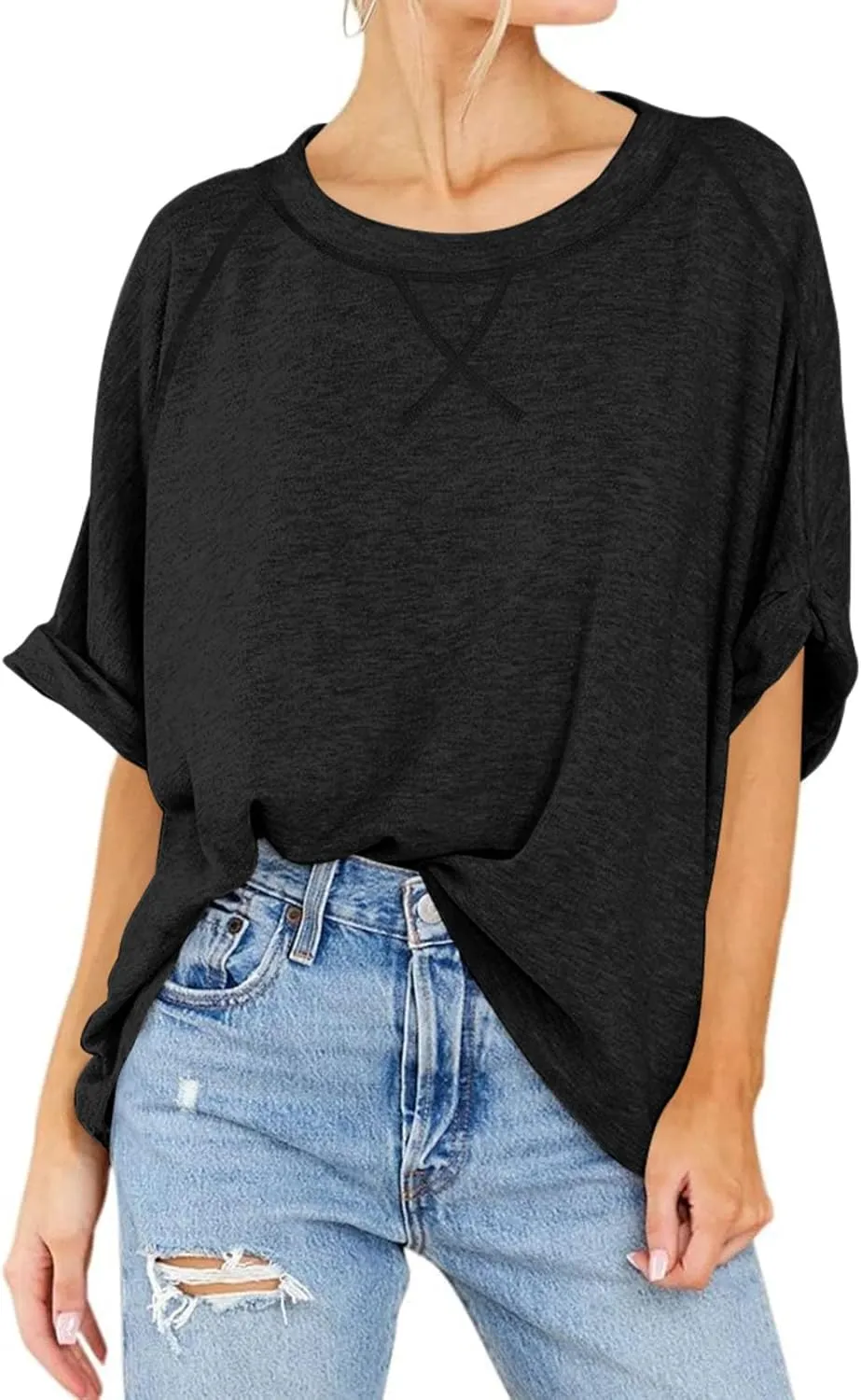 Langwyqu Oversized Tshirts Summer Short Sleeve Shirts Casual Loose Fit Basic Tees