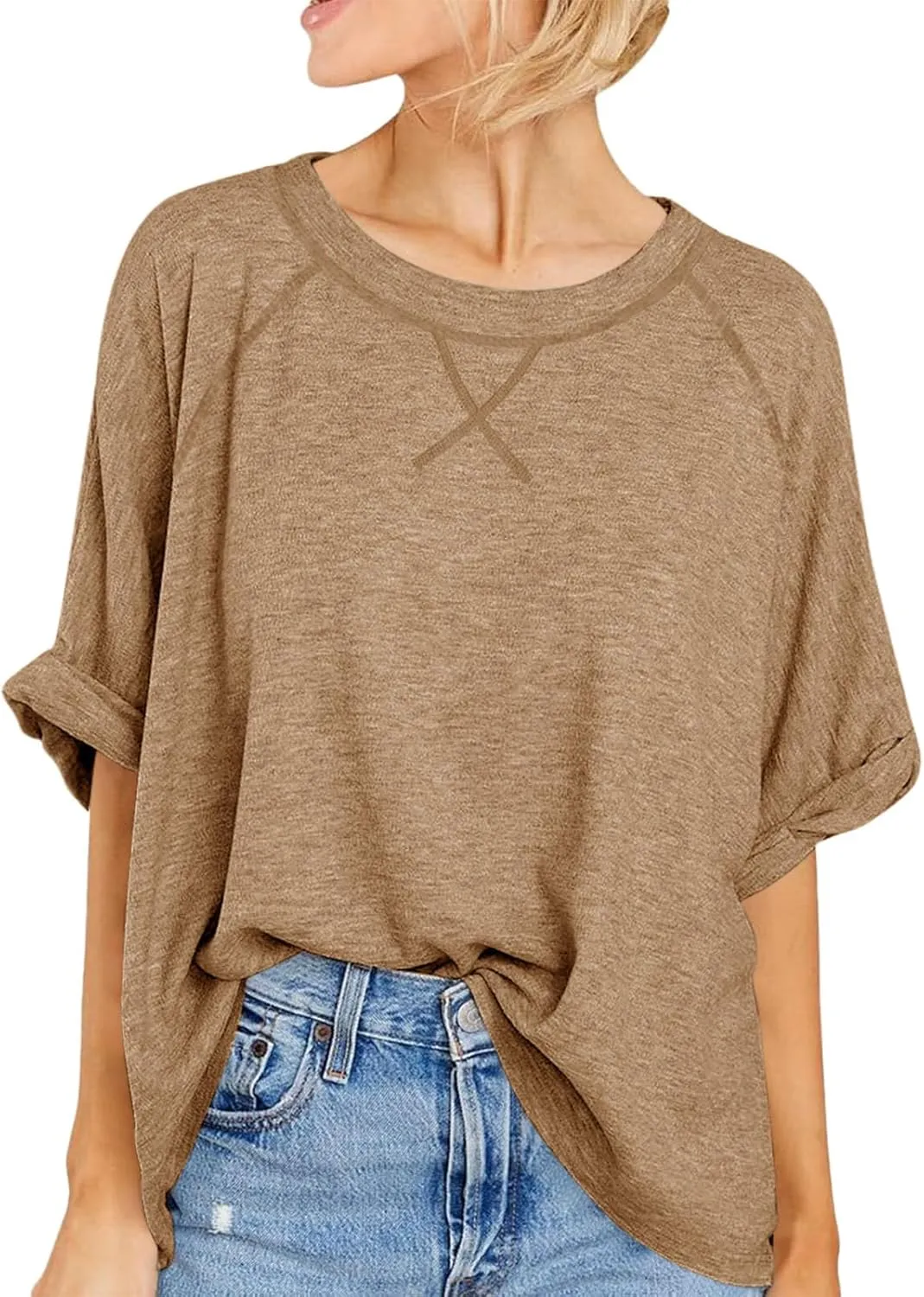 Langwyqu Oversized Tshirts Summer Short Sleeve Shirts Casual Loose Fit Basic Tees