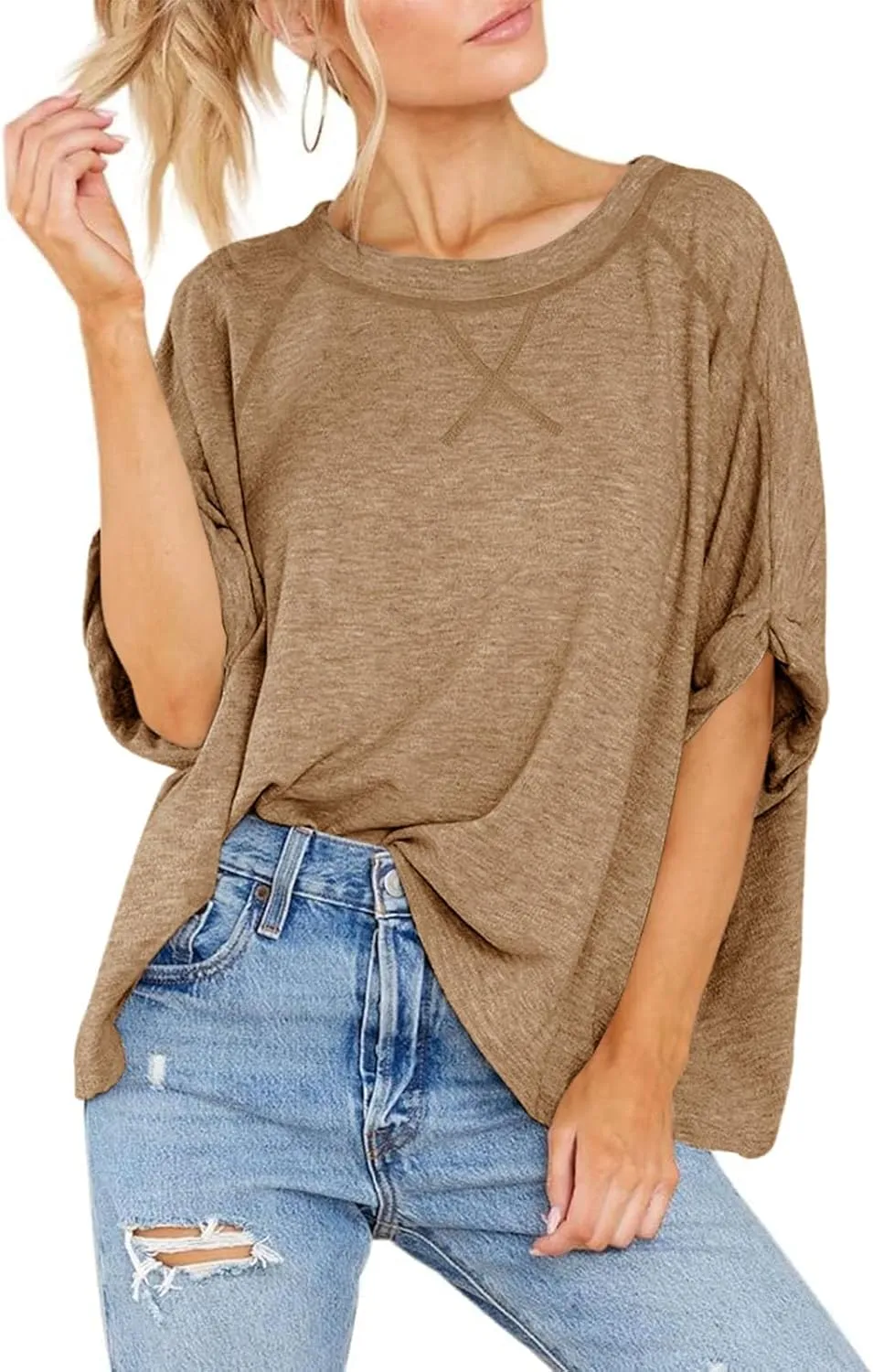 Langwyqu Oversized Tshirts Summer Short Sleeve Shirts Casual Loose Fit Basic Tees