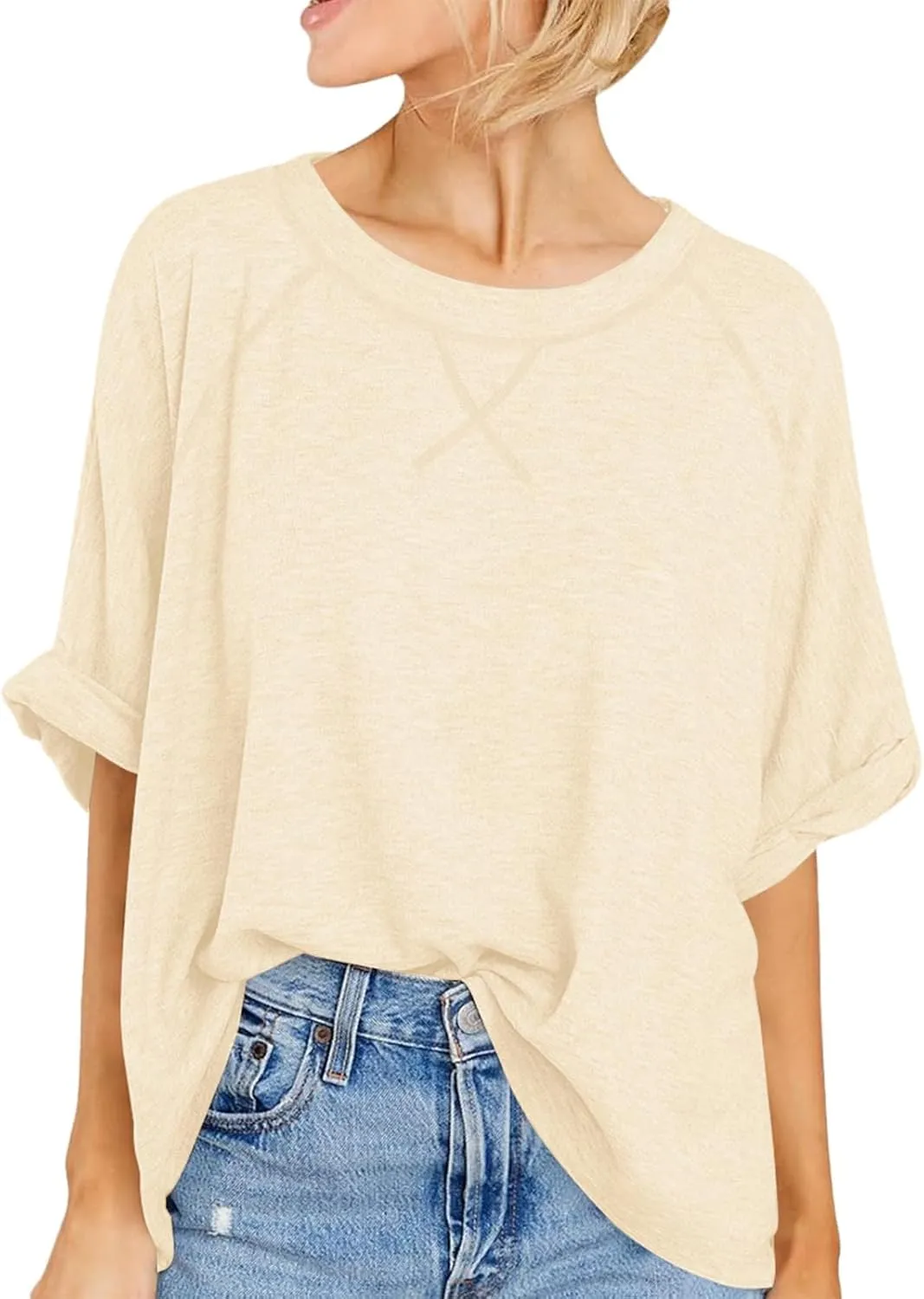 Langwyqu Oversized Tshirts Summer Short Sleeve Shirts Casual Loose Fit Basic Tees
