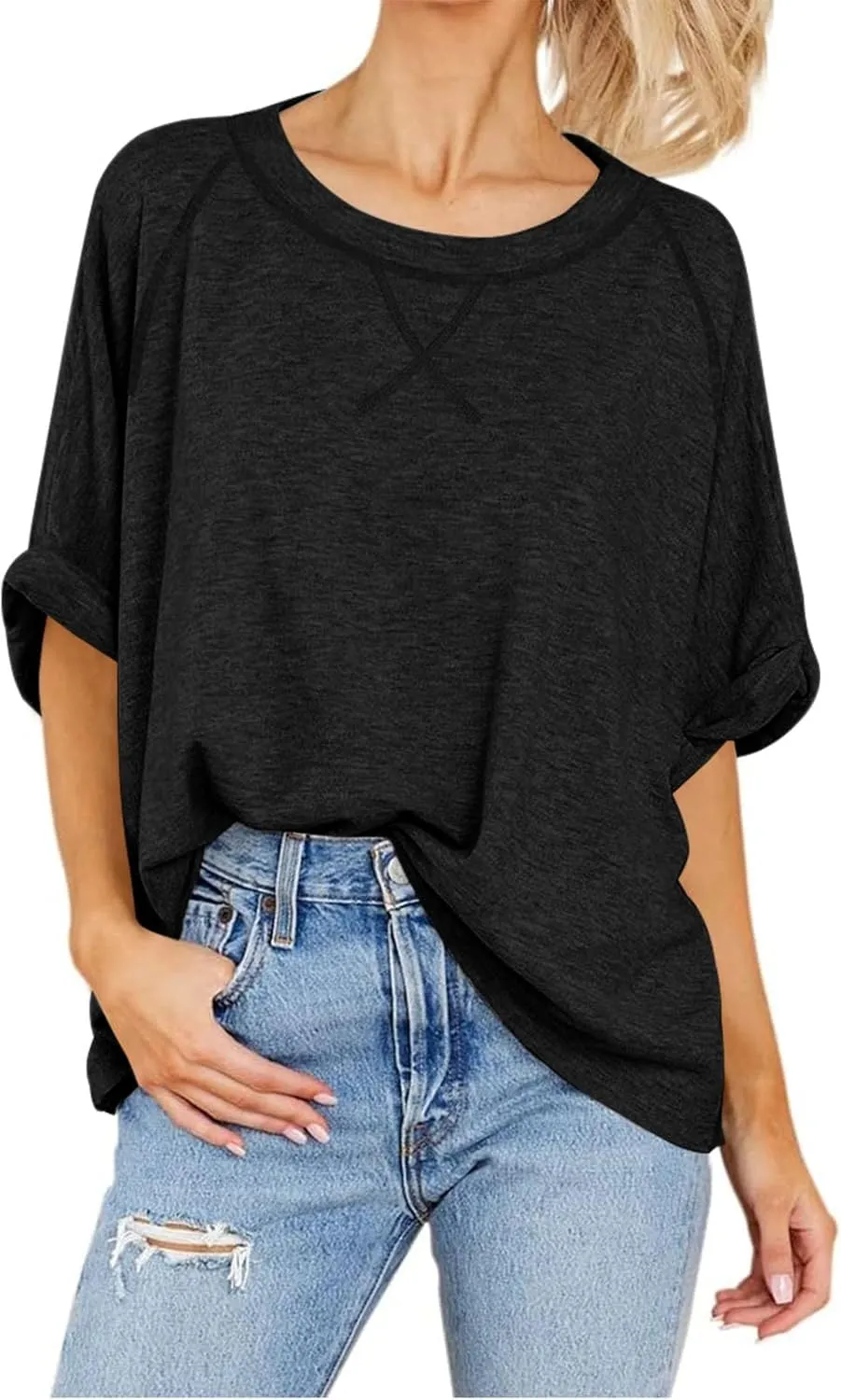 Langwyqu Oversized Tshirts Summer Short Sleeve Shirts Casual Loose Fit Basic Tees