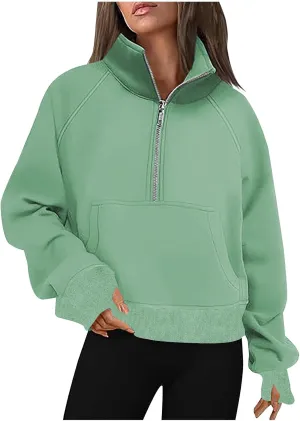 lcziwo Womens Oversized Cropped Sweatshirts Half Zip Lapel Fleece Pullover Quarter Zipper Long Sleeve Tops with Pocket