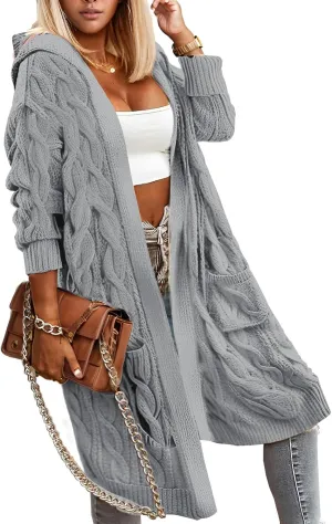 Lightweight Hooded Open Front Cardigan Sweaters for Women Oversized Cable Knit Sweaters Pocketed Trendy Long Cardigans