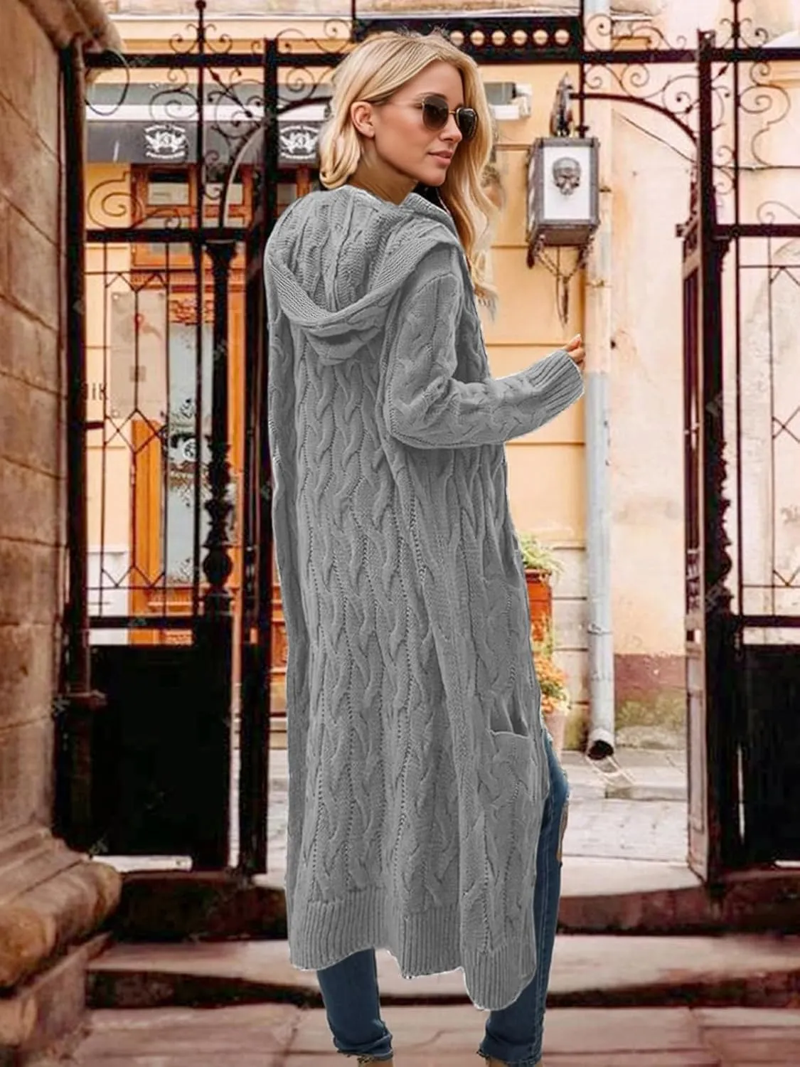 Lightweight Hooded Open Front Cardigan Sweaters for Women Oversized Cable Knit Sweaters Pocketed Trendy Long Cardigans