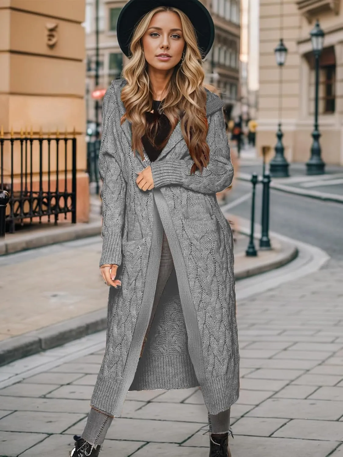 Lightweight Hooded Open Front Cardigan Sweaters for Women Oversized Cable Knit Sweaters Pocketed Trendy Long Cardigans