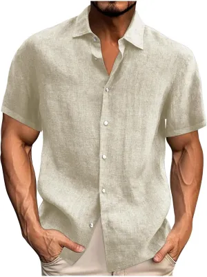 Linen Dress Shirts for Men Summer Casual Short Sleeve Button Down Shirts Wrinkle-Free Vacation Beach Wedding Shirt