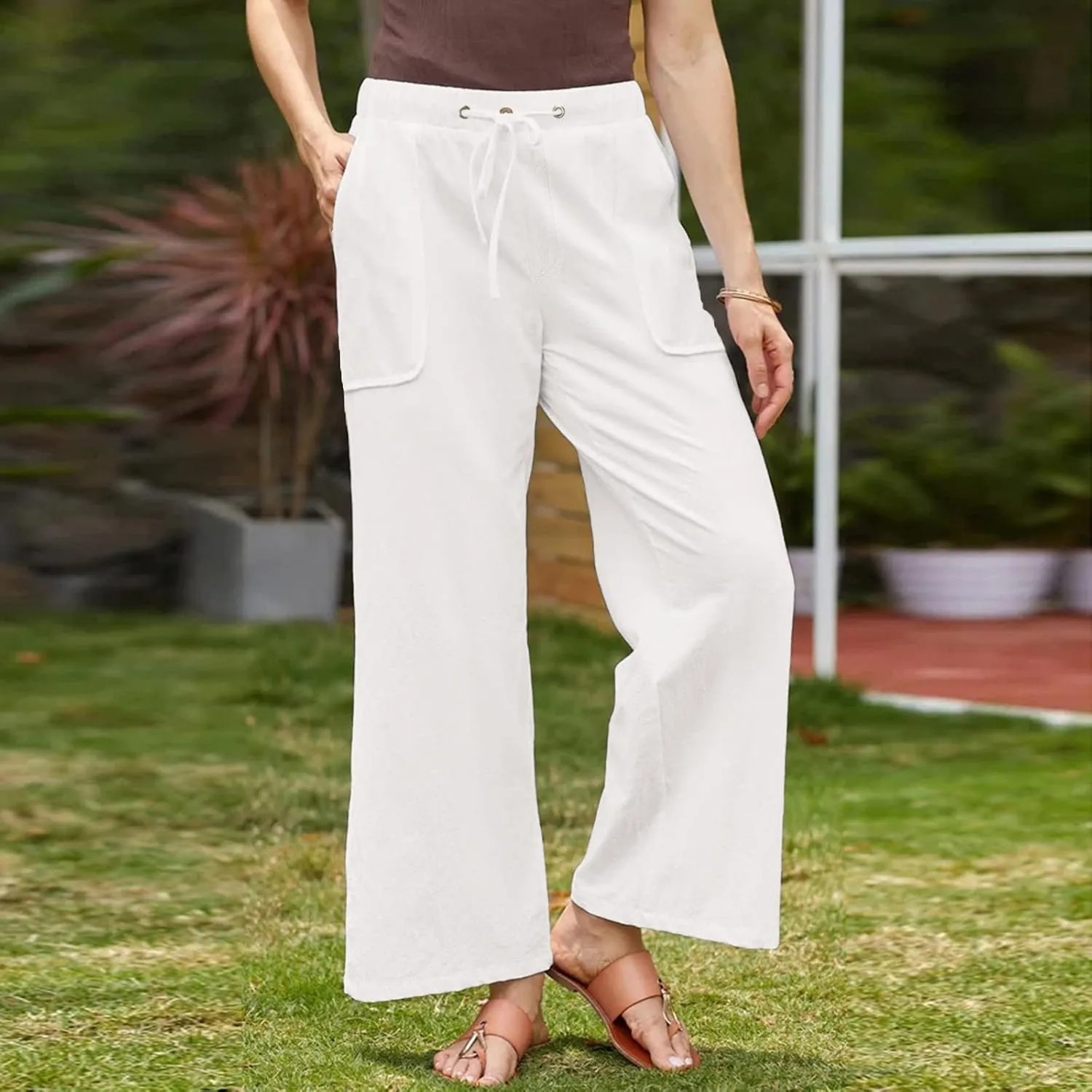 Linen Pants Women 2025 Casual Hight Waist Drawstring Joggers Plus Size Loose Wide Leg Baggy Summer Solid Linen Pants