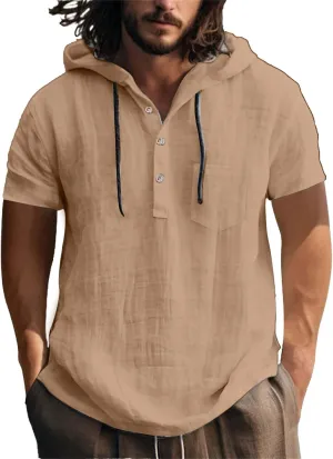 Linen Shirts for Men Lightweight Hooded Drawstring Short Sleeve T-Shirts Summer Beach Plain Yoga Party Hippie Tops
