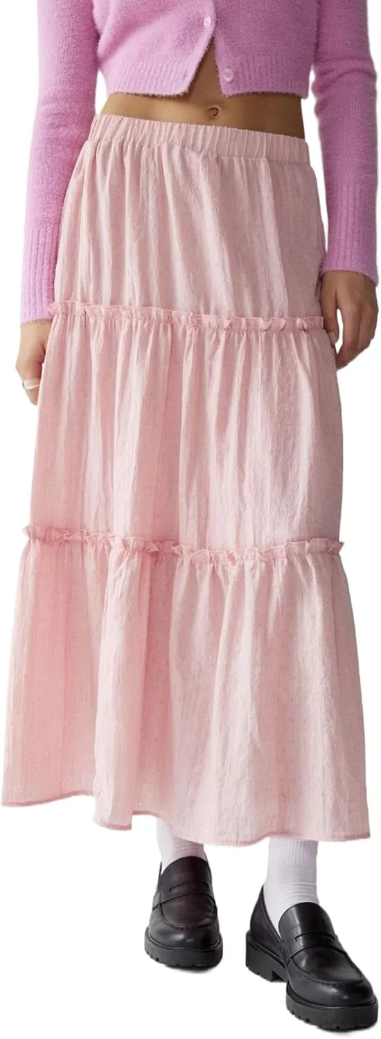 Lisskolo Tiered Skirts for Women Boho Maxi Flowy Pleated Skirts Elastic High Waist Ruffle A-Line Swing Long Beach Skirts