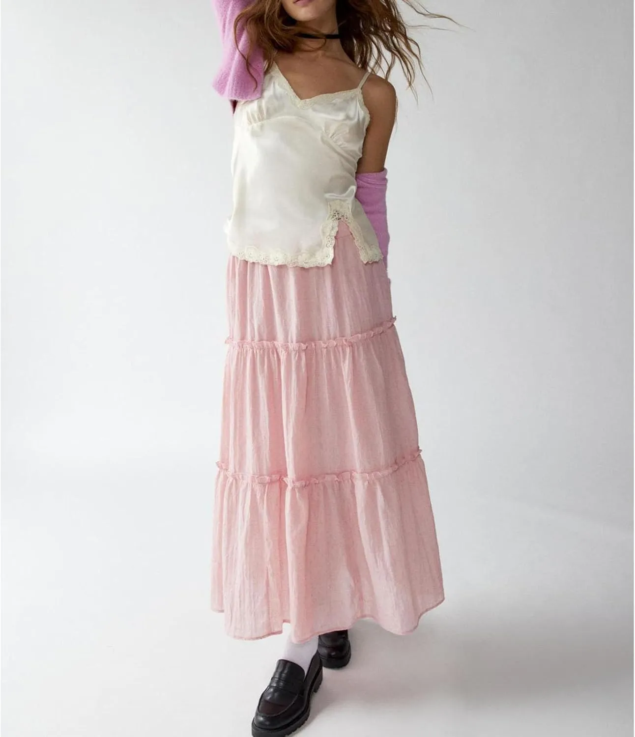 Lisskolo Tiered Skirts for Women Boho Maxi Flowy Pleated Skirts Elastic High Waist Ruffle A-Line Swing Long Beach Skirts
