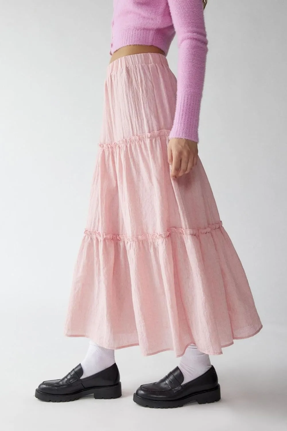 Lisskolo Tiered Skirts for Women Boho Maxi Flowy Pleated Skirts Elastic High Waist Ruffle A-Line Swing Long Beach Skirts