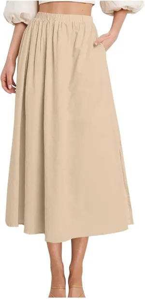 Lmdudan 2025 Summer Skirt Women High Waisted Ruffle Casual Long Flowy A Line Skirts Solid Beach Mini Skirts with Pockets