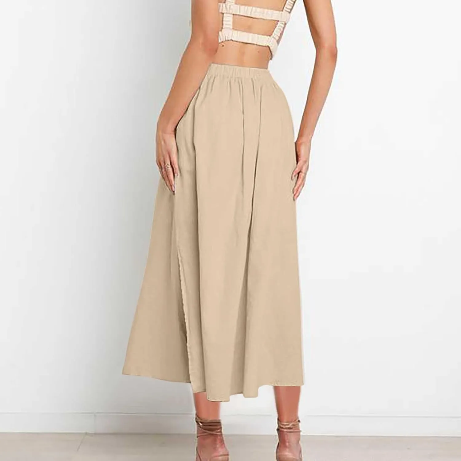 Lmdudan 2025 Summer Skirt Women High Waisted Ruffle Casual Long Flowy A Line Skirts Solid Beach Mini Skirts with Pockets