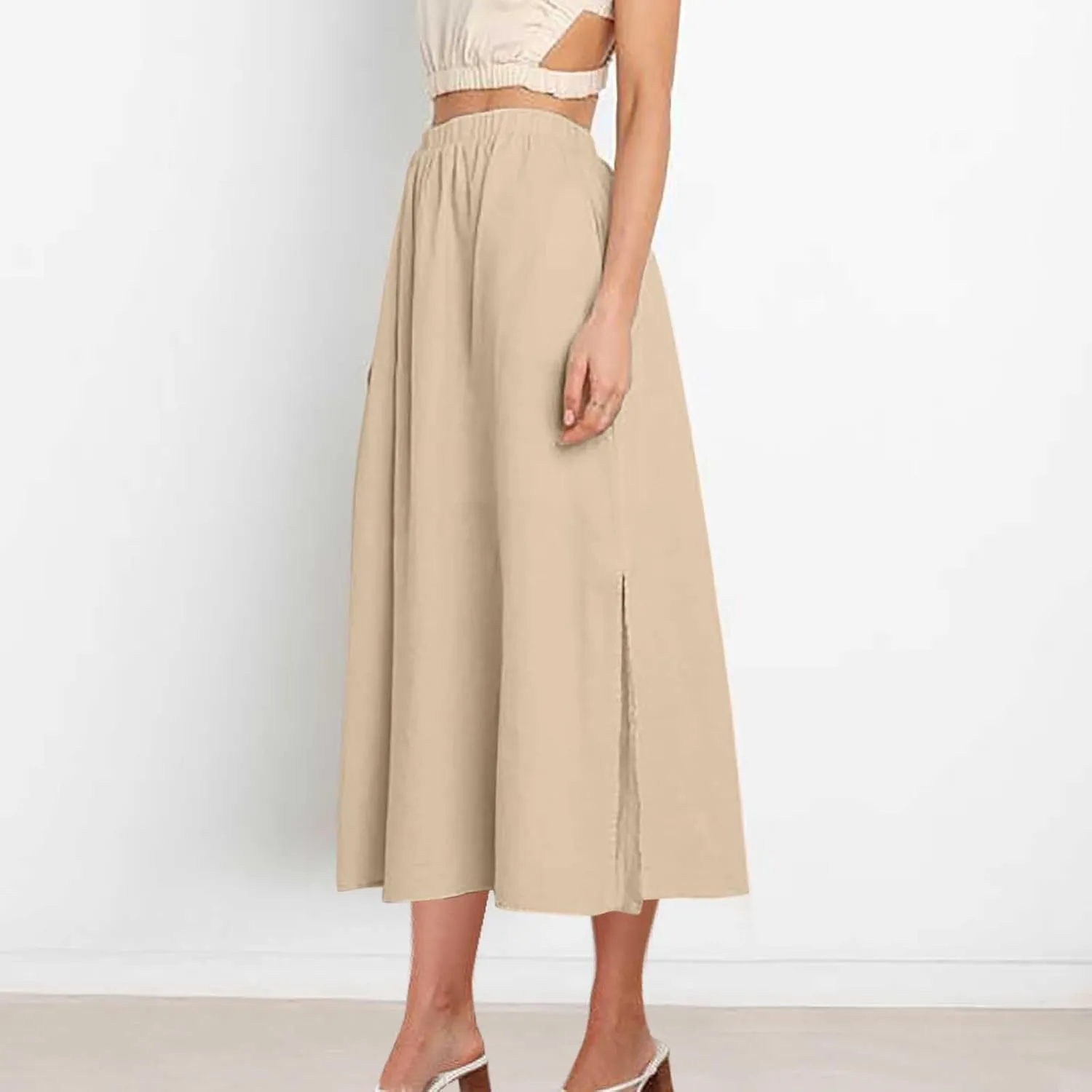 Lmdudan 2025 Summer Skirt Women High Waisted Ruffle Casual Long Flowy A Line Skirts Solid Beach Mini Skirts with Pockets