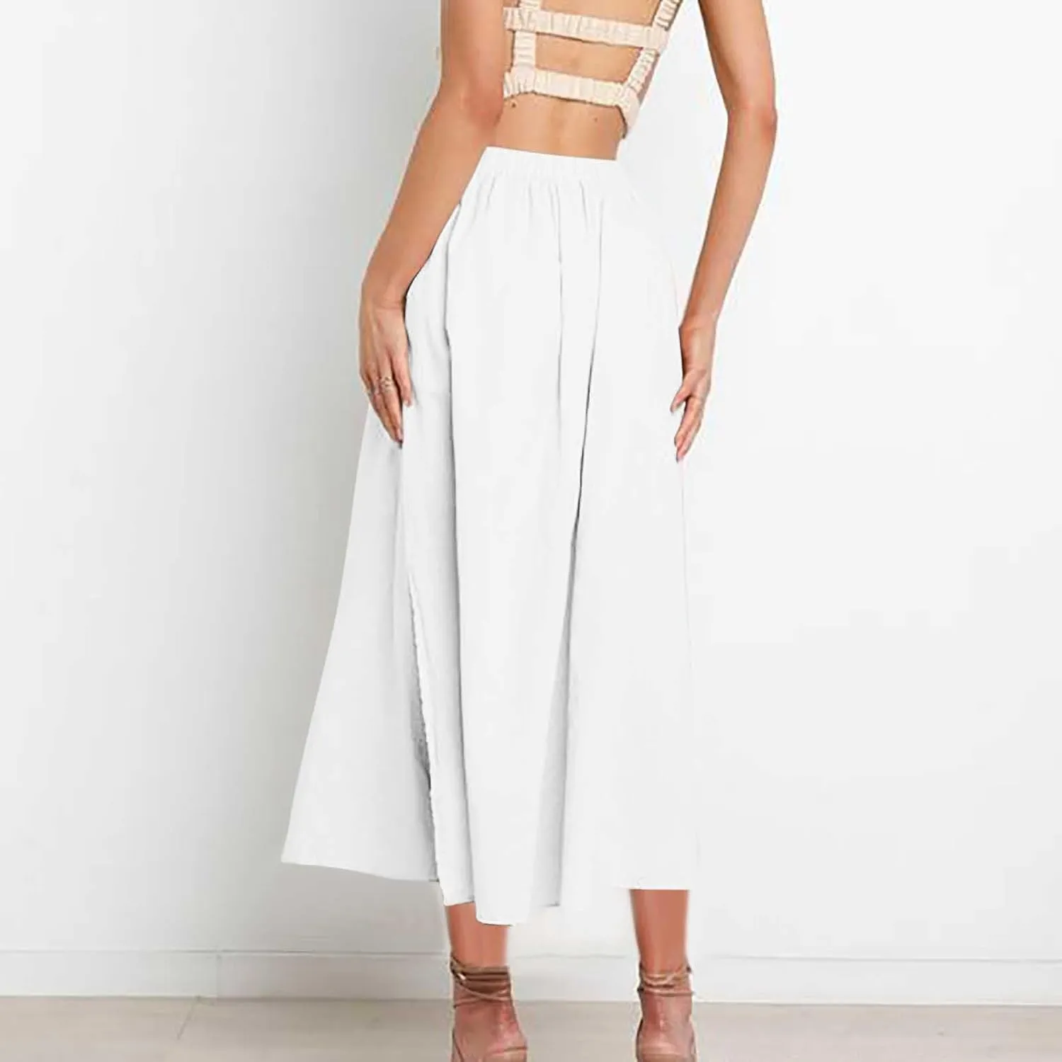 Lmdudan 2025 Summer Skirt Women High Waisted Ruffle Casual Long Flowy A Line Skirts Solid Beach Mini Skirts with Pockets
