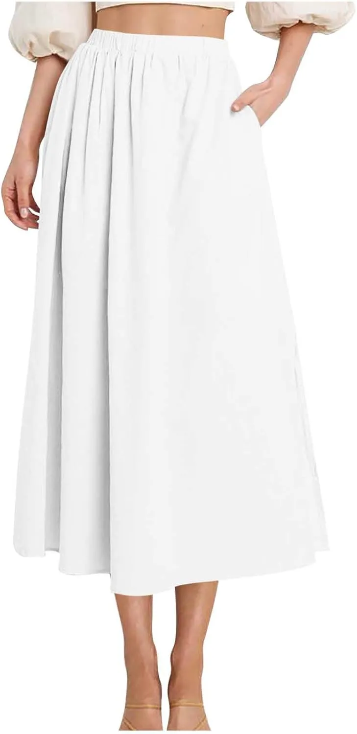 Lmdudan 2025 Summer Skirt Women High Waisted Ruffle Casual Long Flowy A Line Skirts Solid Beach Mini Skirts with Pockets