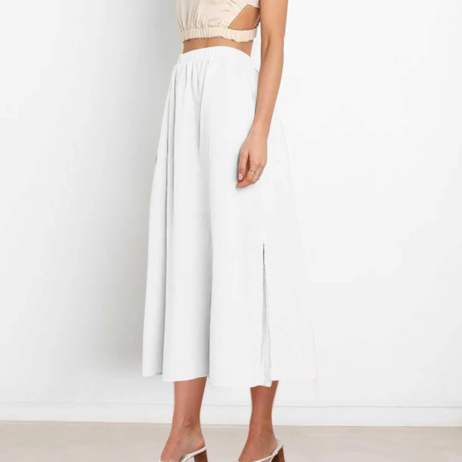 Lmdudan 2025 Summer Skirt Women High Waisted Ruffle Casual Long Flowy A Line Skirts Solid Beach Mini Skirts with Pockets