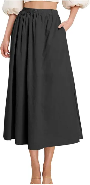Lmdudan 2025 Summer Skirt Women High Waisted Ruffle Casual Long Flowy A Line Skirts Solid Beach Mini Skirts with Pockets