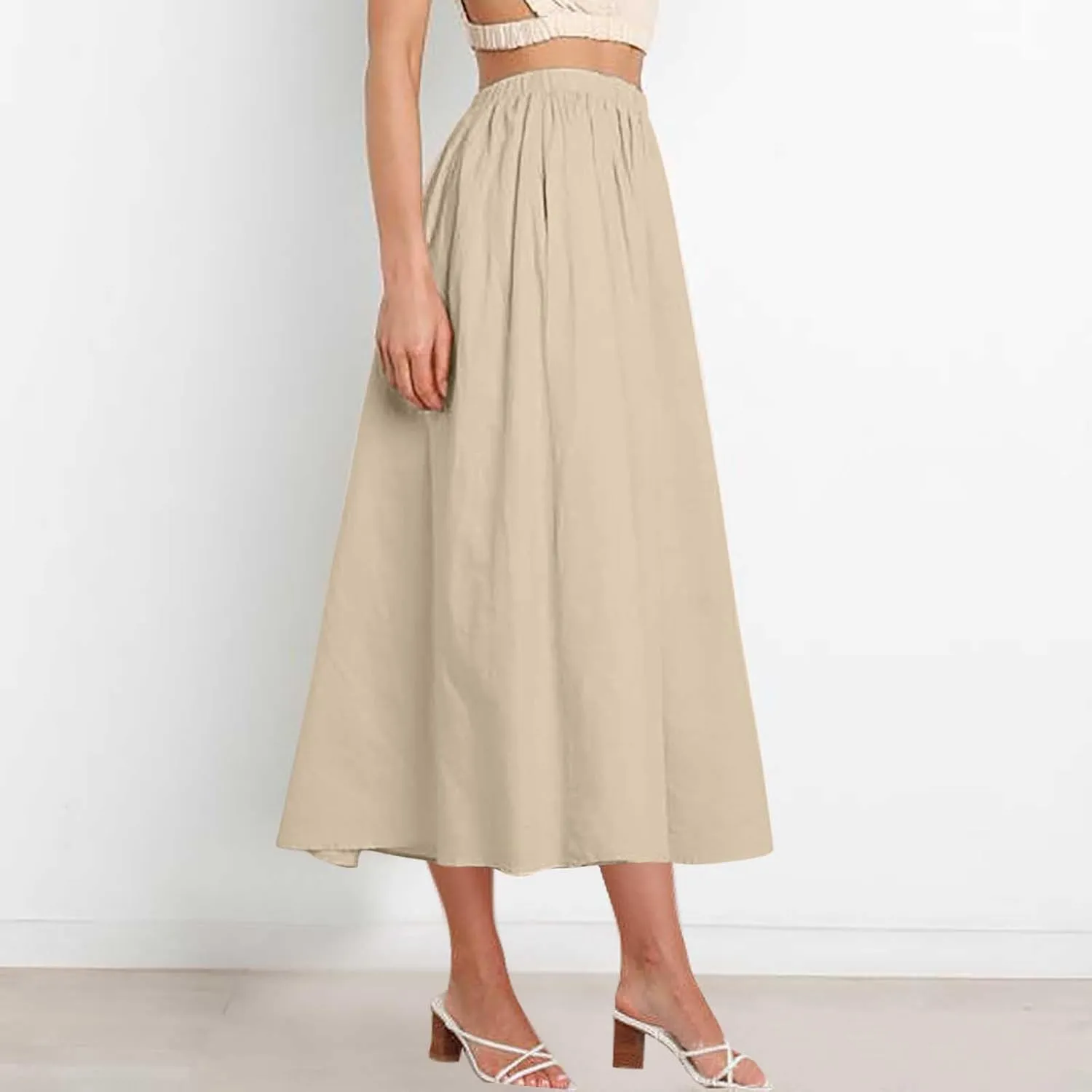 Lmdudan 2025 Summer Skirt Women High Waisted Ruffle Casual Long Flowy A Line Skirts Solid Beach Mini Skirts with Pockets