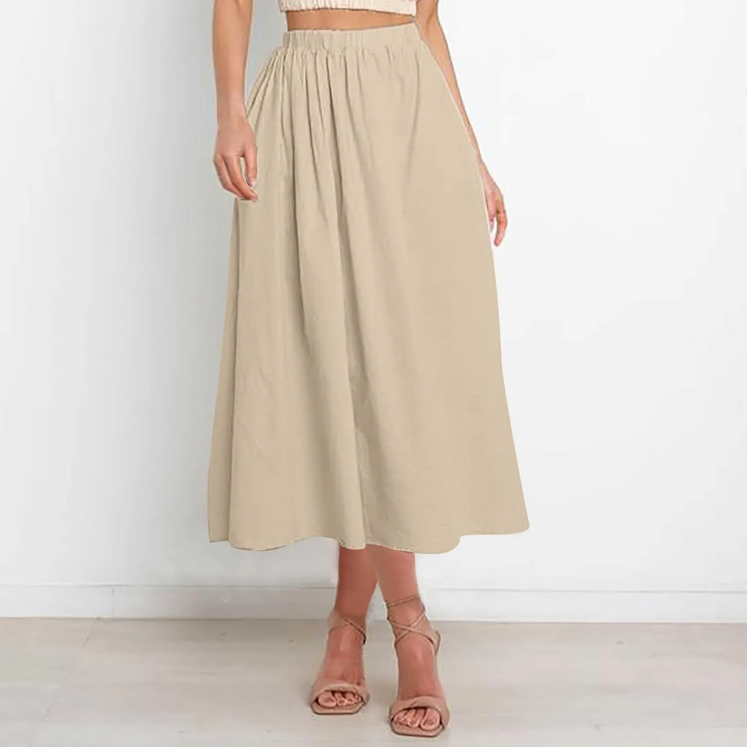 Lmdudan 2025 Summer Skirt Women High Waisted Ruffle Casual Long Flowy A Line Skirts Solid Beach Mini Skirts with Pockets
