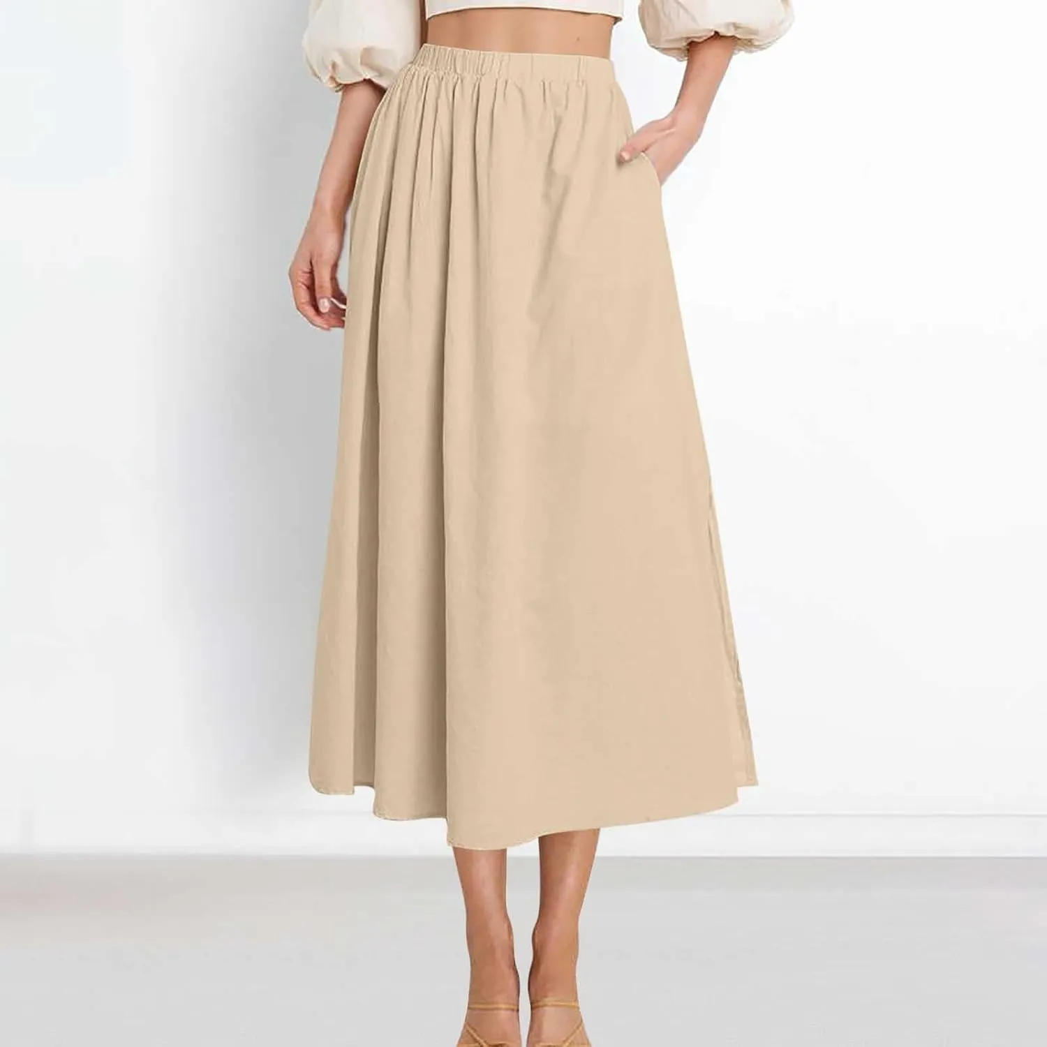 Lmdudan 2025 Summer Skirt Women High Waisted Ruffle Casual Long Flowy A Line Skirts Solid Beach Mini Skirts with Pockets