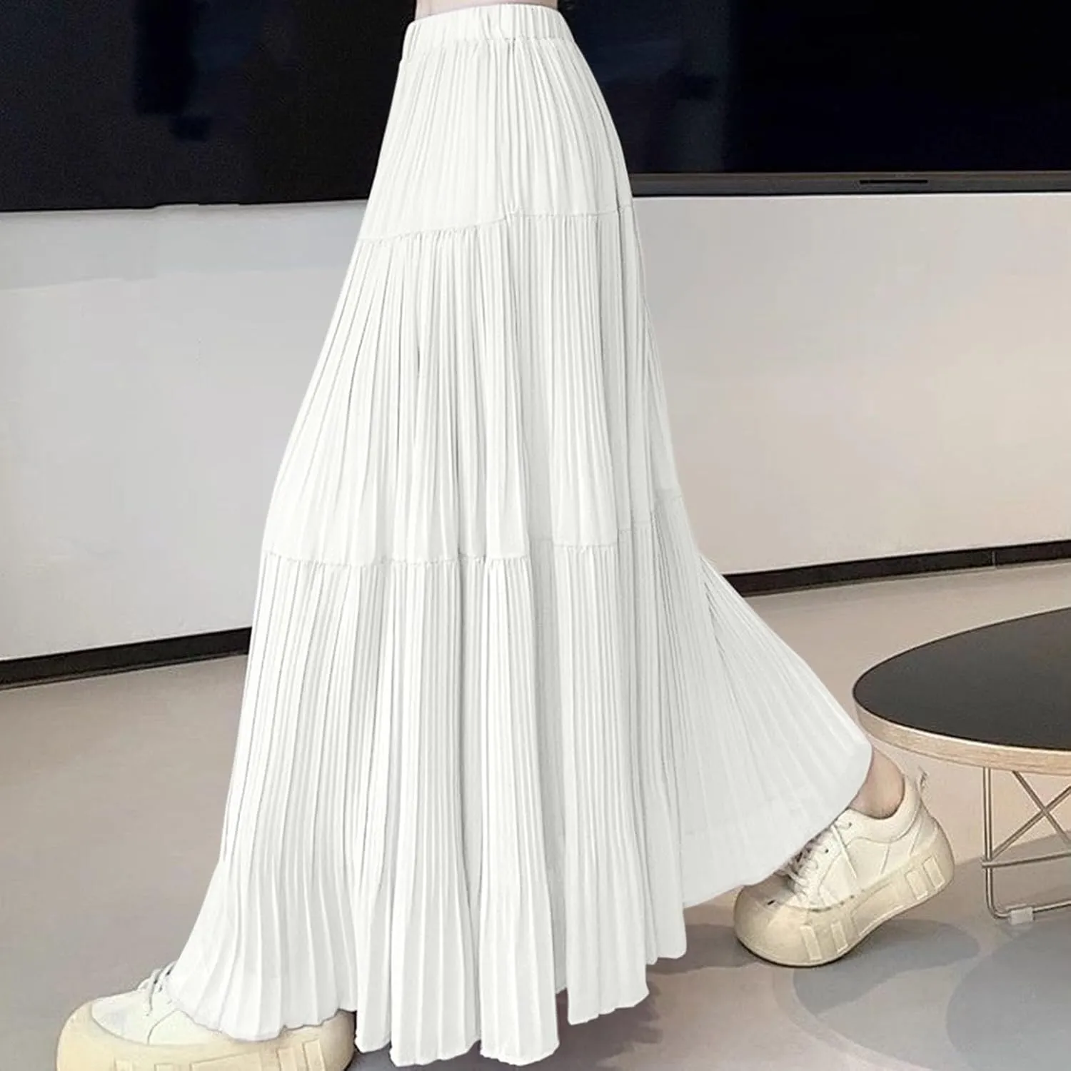 Lmdudan 2025 Women Chiffon Elastic High Waist Pleated A-Line Flared Maxi Skirts Summer Flowy Beach Skirt Trendy Skirts
