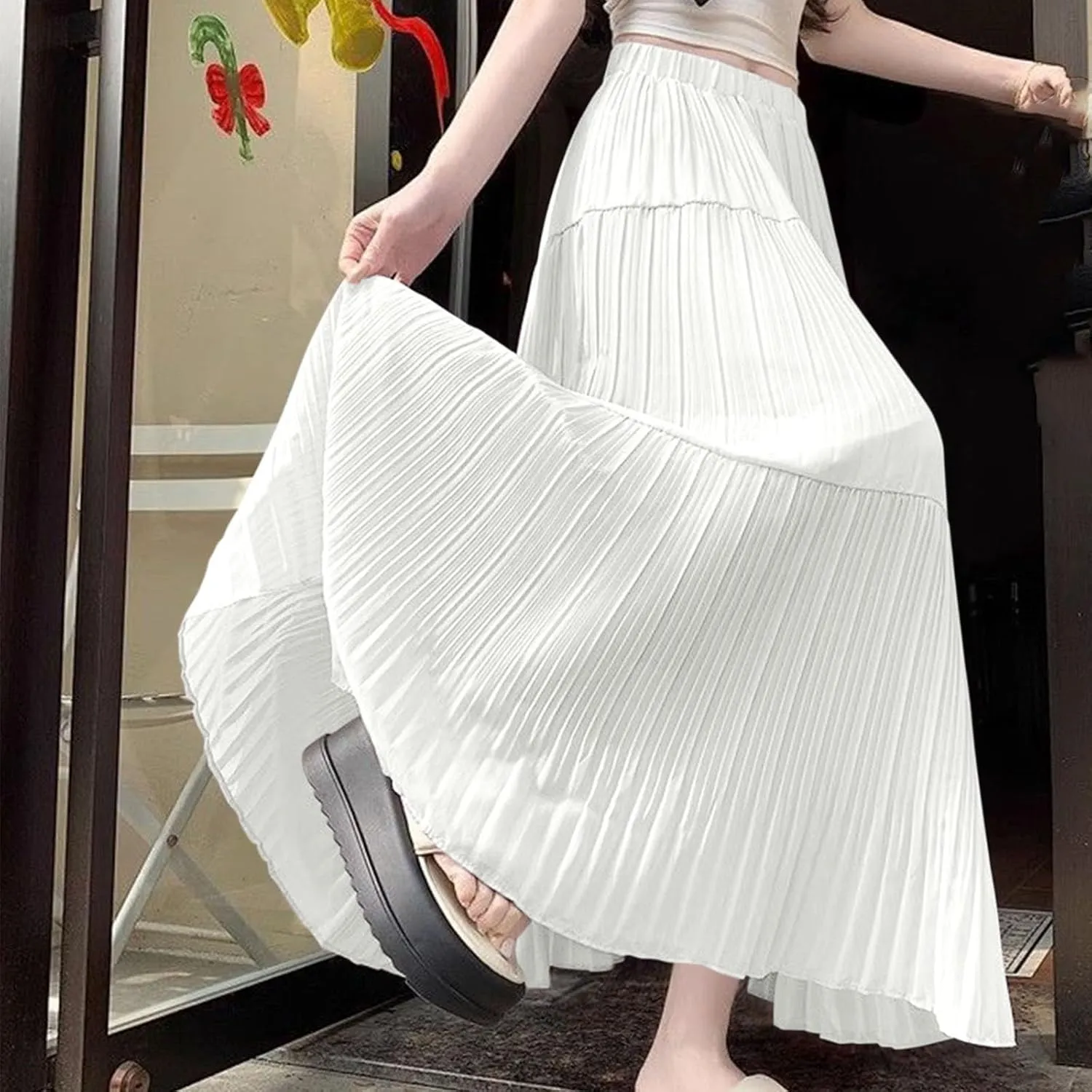 Lmdudan 2025 Women Chiffon Elastic High Waist Pleated A-Line Flared Maxi Skirts Summer Flowy Beach Skirt Trendy Skirts