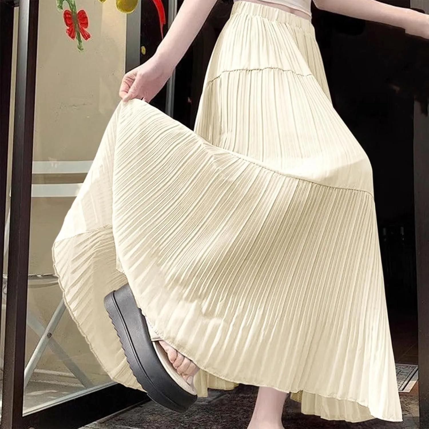 Lmdudan 2025 Women Chiffon Elastic High Waist Pleated A-Line Flared Maxi Skirts Summer Flowy Beach Skirt Trendy Skirts