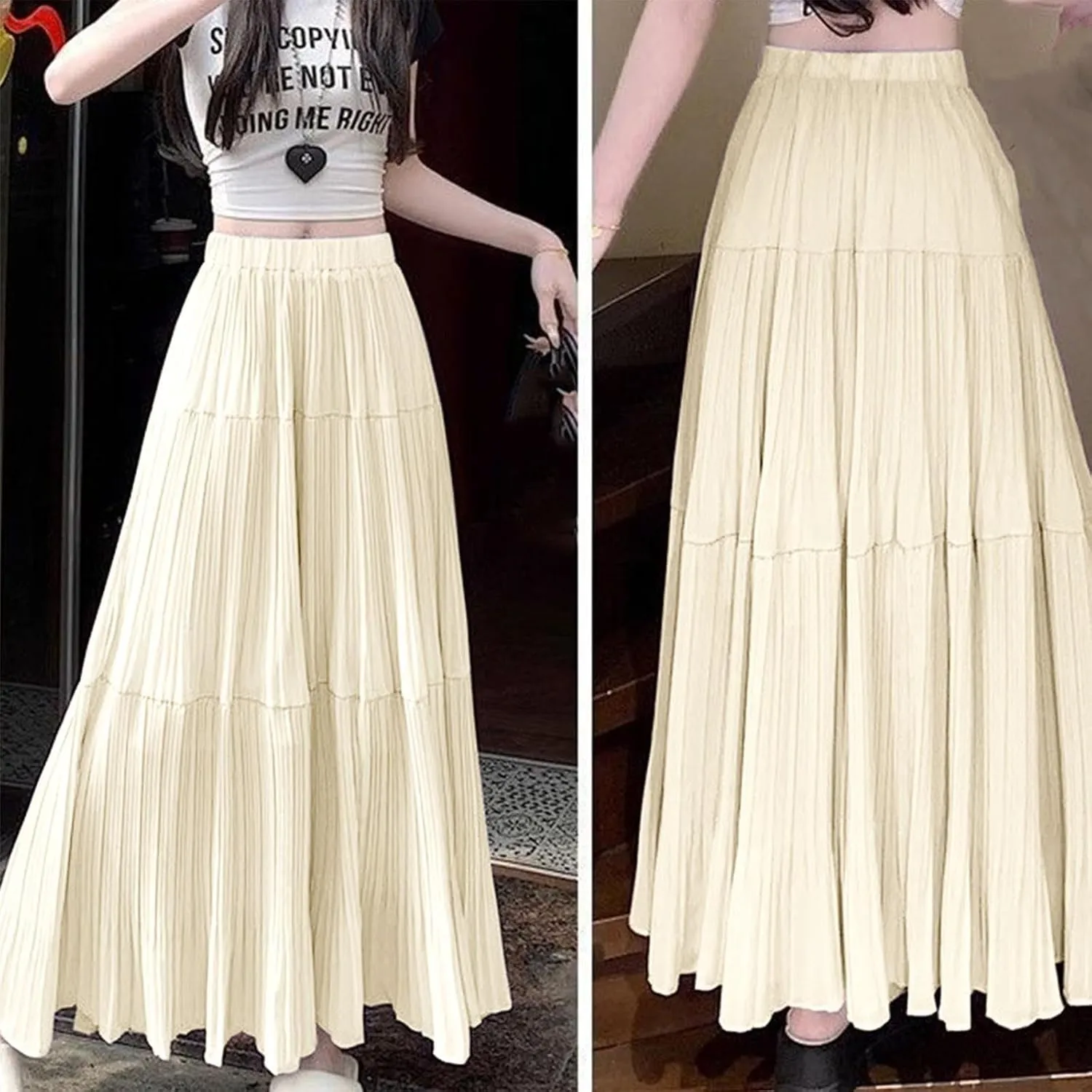 Lmdudan 2025 Women Chiffon Elastic High Waist Pleated A-Line Flared Maxi Skirts Summer Flowy Beach Skirt Trendy Skirts