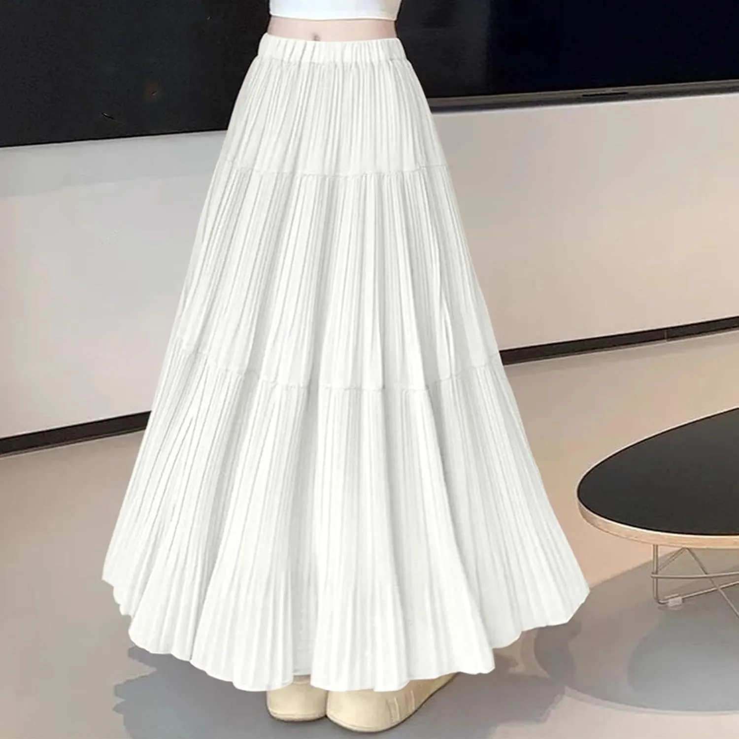 Lmdudan 2025 Women Chiffon Elastic High Waist Pleated A-Line Flared Maxi Skirts Summer Flowy Beach Skirt Trendy Skirts