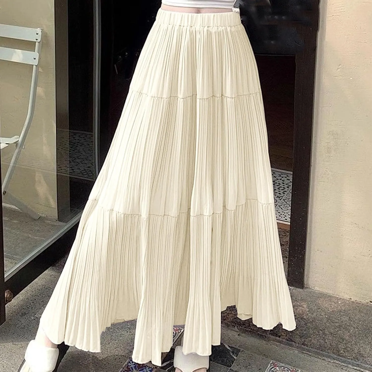 Lmdudan 2025 Women Chiffon Elastic High Waist Pleated A-Line Flared Maxi Skirts Summer Flowy Beach Skirt Trendy Skirts