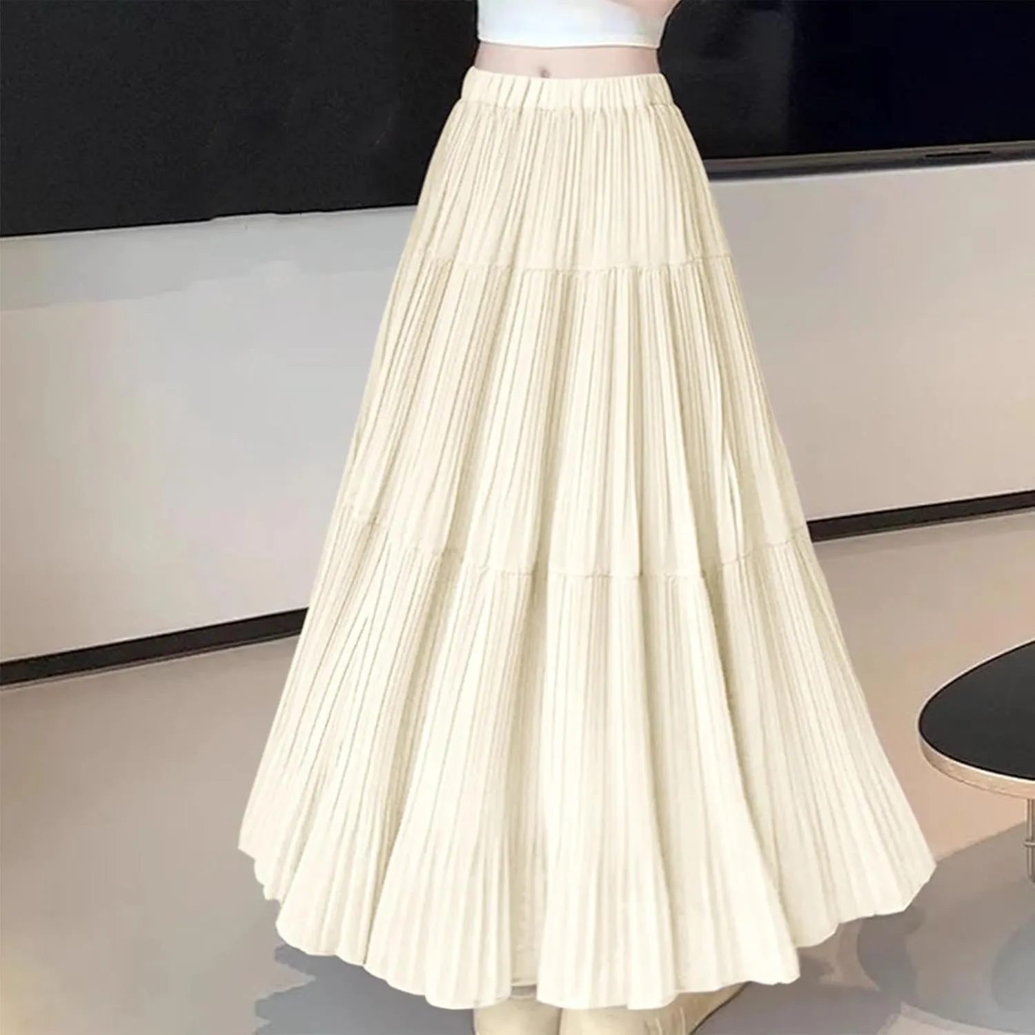 Lmdudan 2025 Women Chiffon Elastic High Waist Pleated A-Line Flared Maxi Skirts Summer Flowy Beach Skirt Trendy Skirts