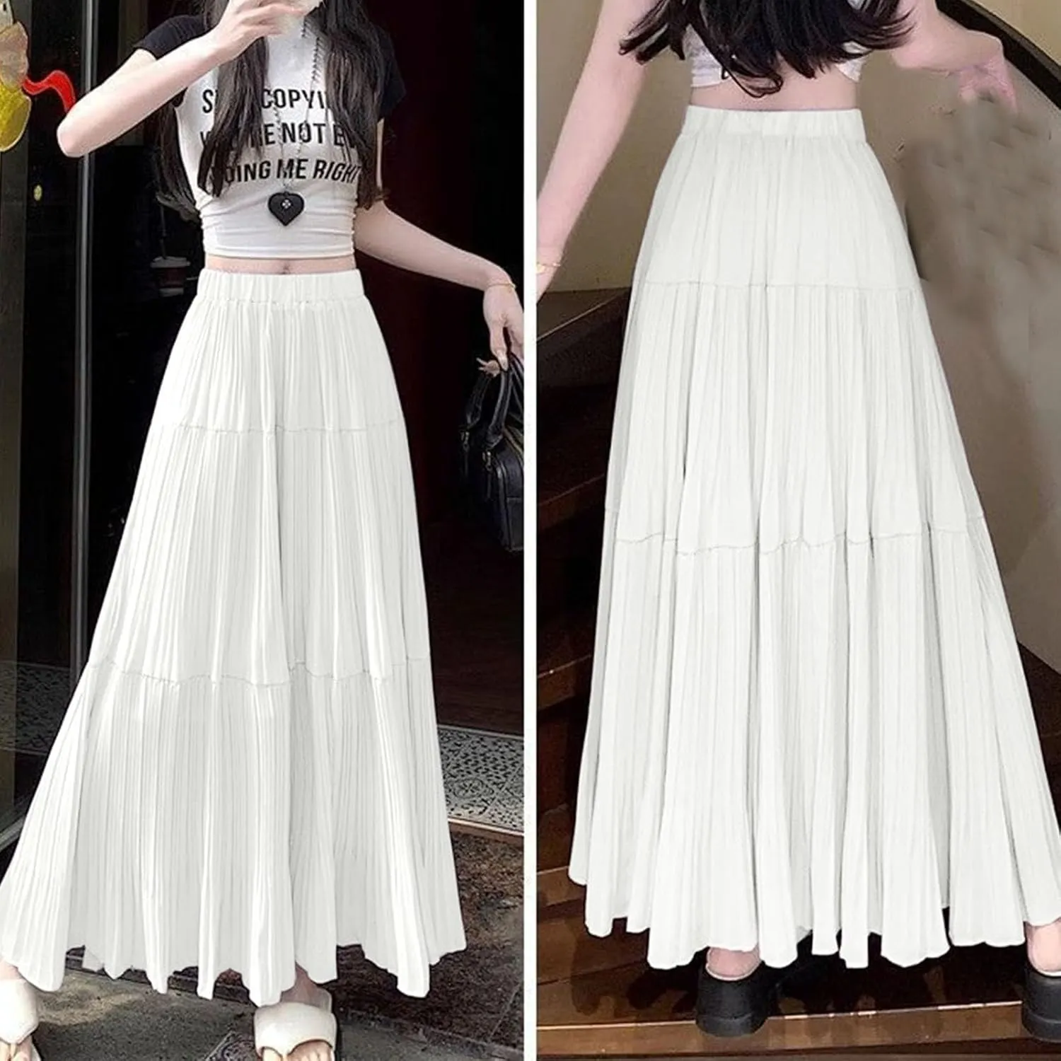 Lmdudan 2025 Women Chiffon Elastic High Waist Pleated A-Line Flared Maxi Skirts Summer Flowy Beach Skirt Trendy Skirts