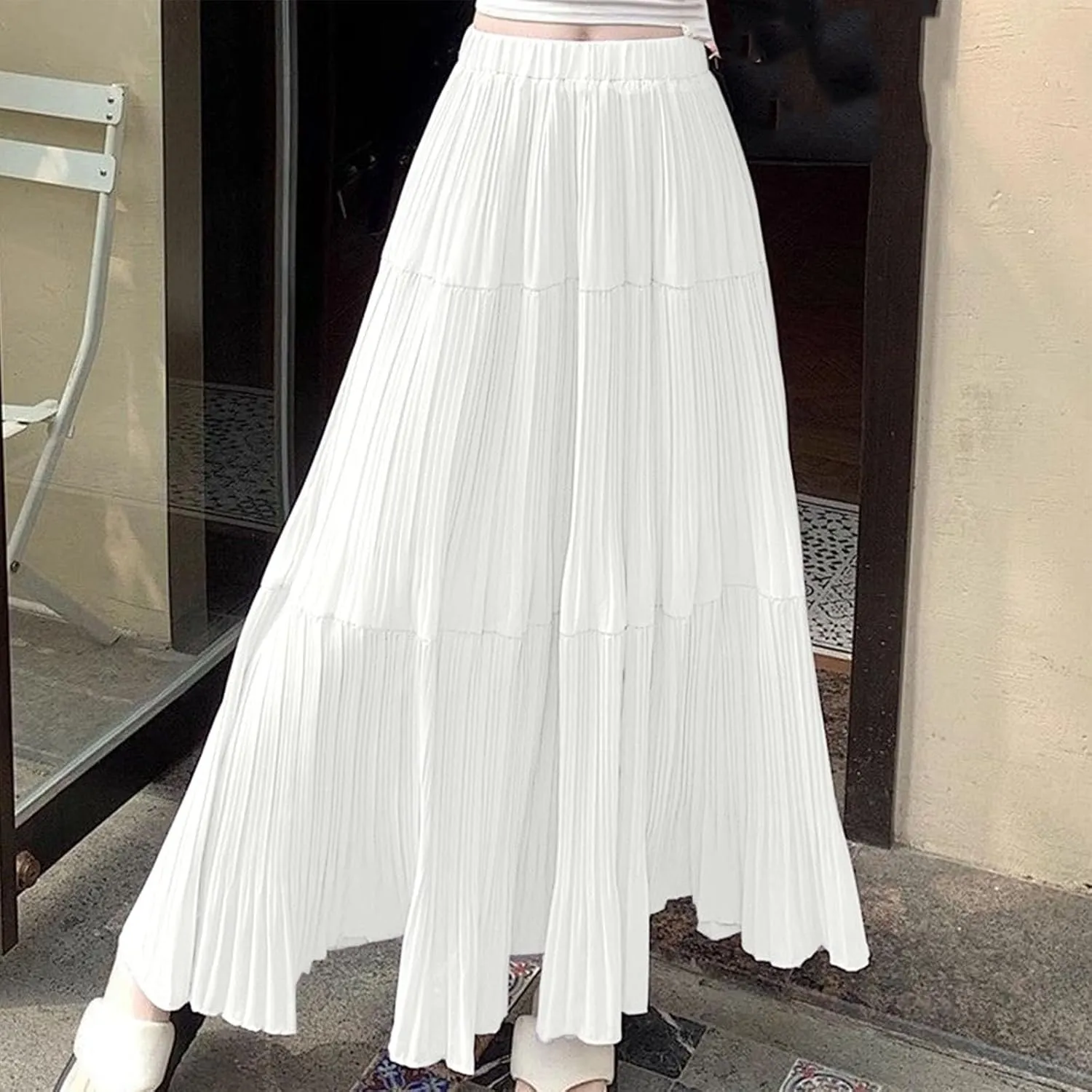 Lmdudan 2025 Women Chiffon Elastic High Waist Pleated A-Line Flared Maxi Skirts Summer Flowy Beach Skirt Trendy Skirts