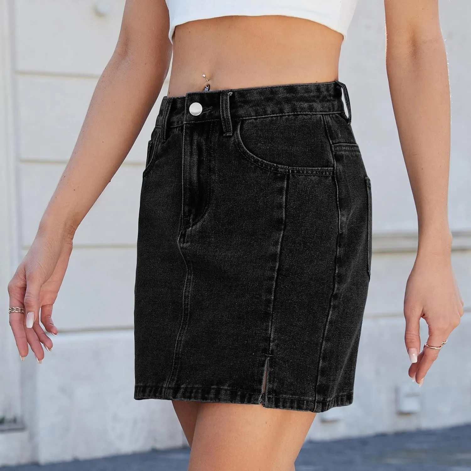 Lmdudan 2025 Women Summer Mini Jean Skirts Sexy Bodycon Side Slit Short Denim Skirt Girls Trendy Skorts Skirts with Pocket