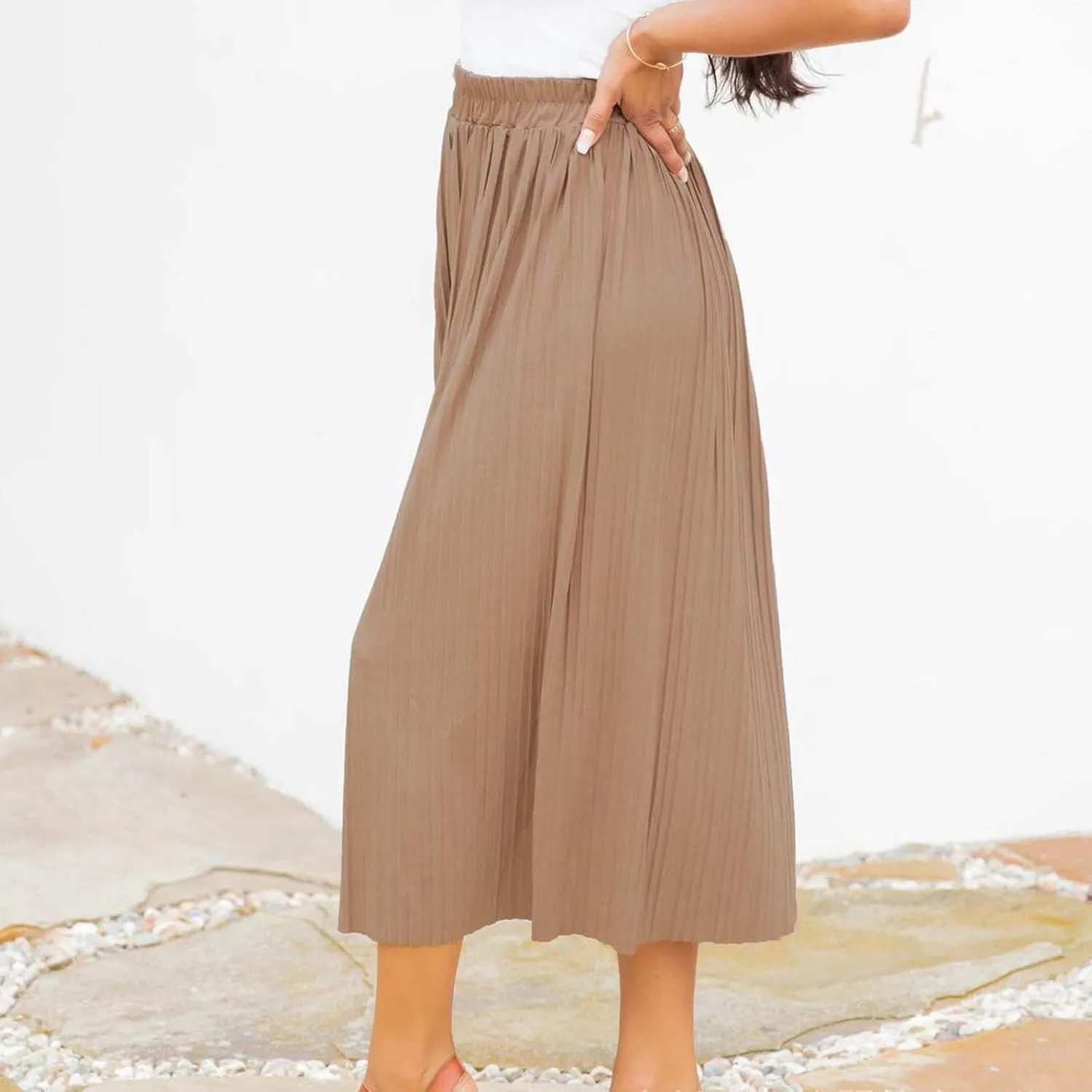 Lmdudan 2025 Womens Elegant Long Pleated Skirts Trendy Button Flowy Bohemian Skirt Elastic High Waisted Work Office Skirts