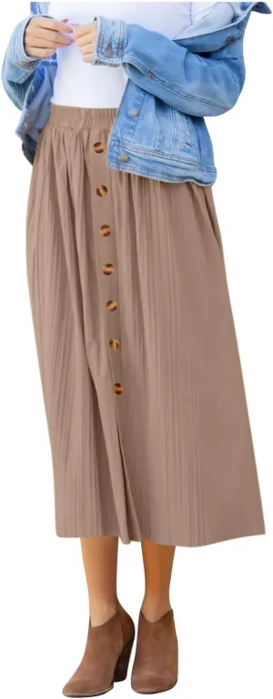 Lmdudan 2025 Womens Elegant Long Pleated Skirts Trendy Button Flowy Bohemian Skirt Elastic High Waisted Work Office Skirts