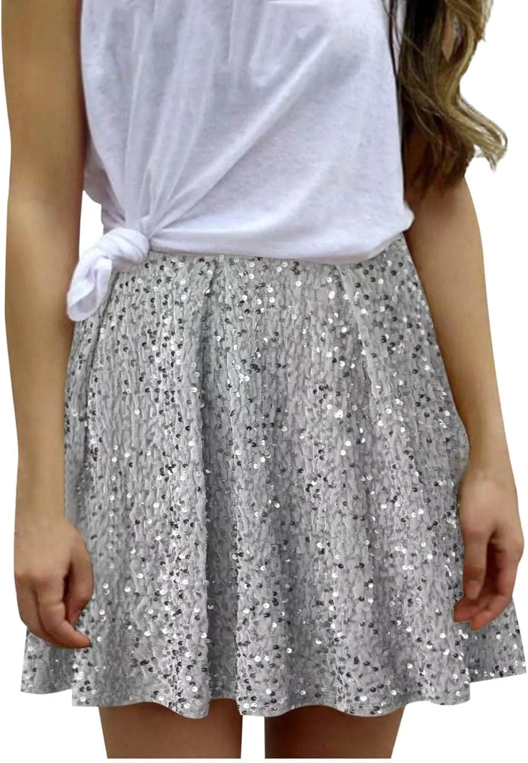 Lmdudan Sequin Skirt for Women Girls Elastic Waist A-Line Glitter Sparlky Mini Skirts Casual Stretchy Dance Party Shiny Skirt