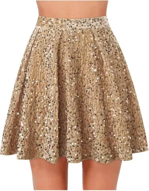 Lmdudan Sequin Skirt for Women Girls Elastic Waist A-Line Glitter Sparlky Mini Skirts Casual Stretchy Dance Party Shiny Skirt