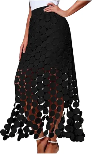Lmdudan Womens Hollow Out Maxi Skirts 2025 Summer Elastic High Waisted Boho Fringe Hem Long Skirt Trendy Vacation Skirts