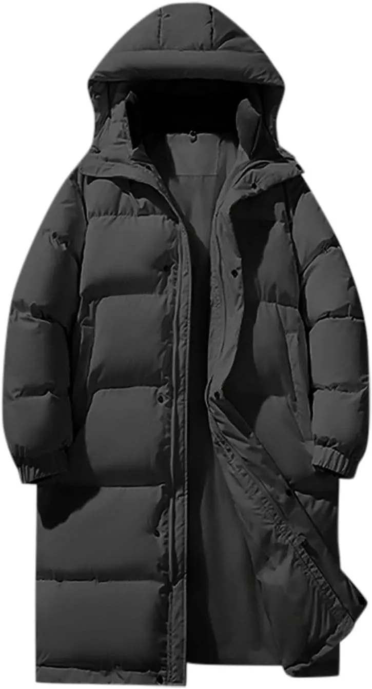 Long Down Puffer Coat Men Zip up Hooded Jacket Padded Quilted Jacket Windproof Winter Coat Thermal Outwear